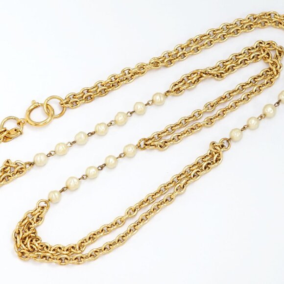 CHANEL Double Chain Pearl Long Necklace 37" Gold Tone Auth w/Box l1140 - Picture 13 of 16